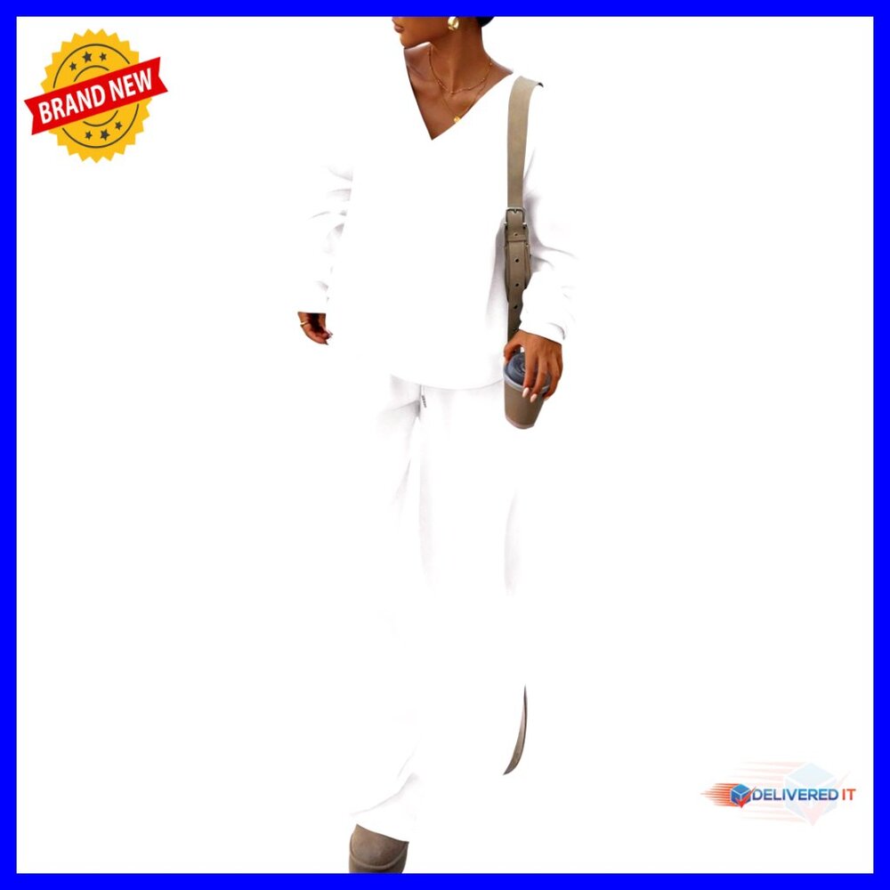 V-Neck Sweatshirt & Wide Leg Pants Set, Knit Fabric, 2-Piece Tracksuit